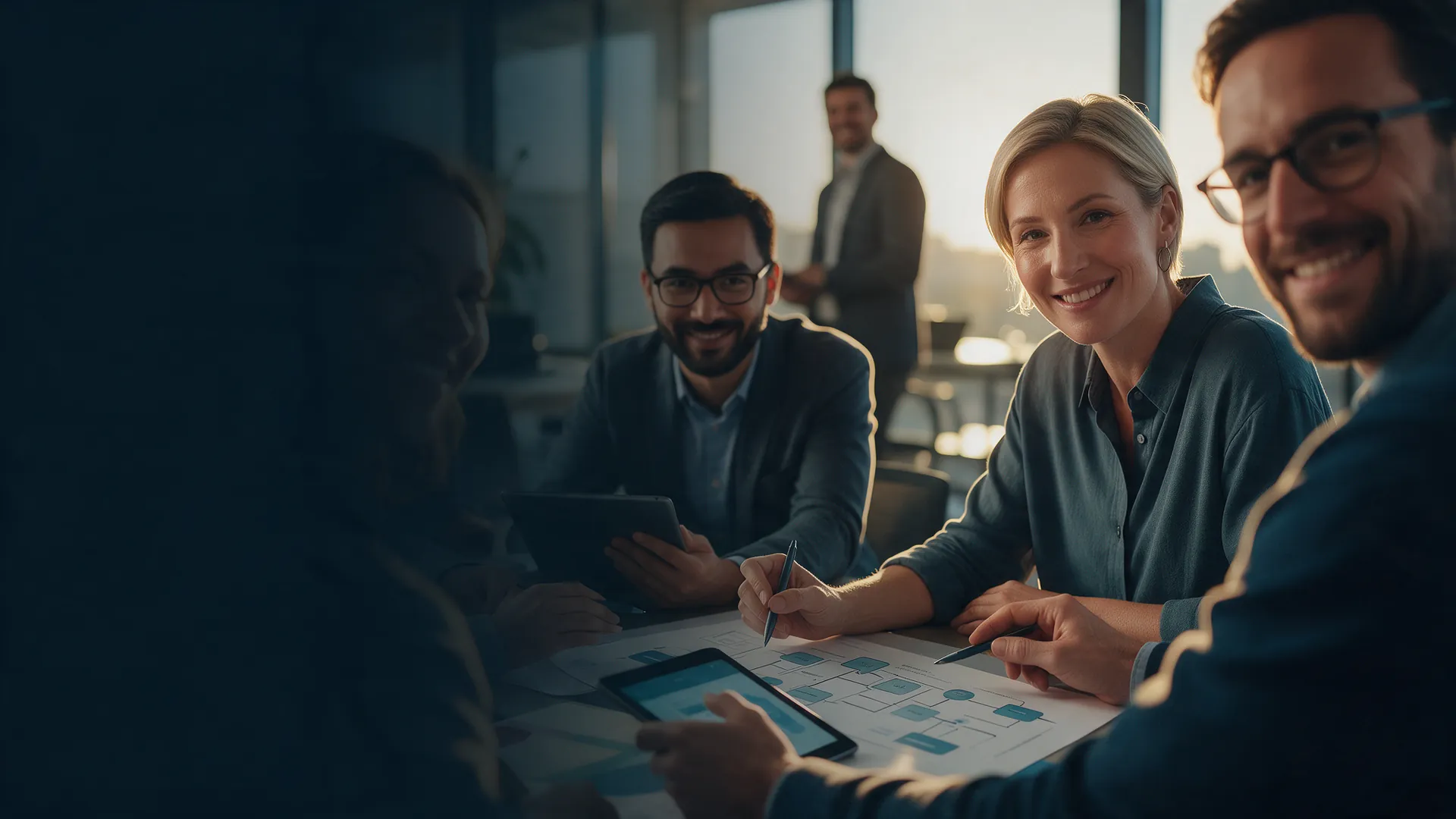Equipo de profesionales sonriendo mientras colaboran en el diseño de procesos
