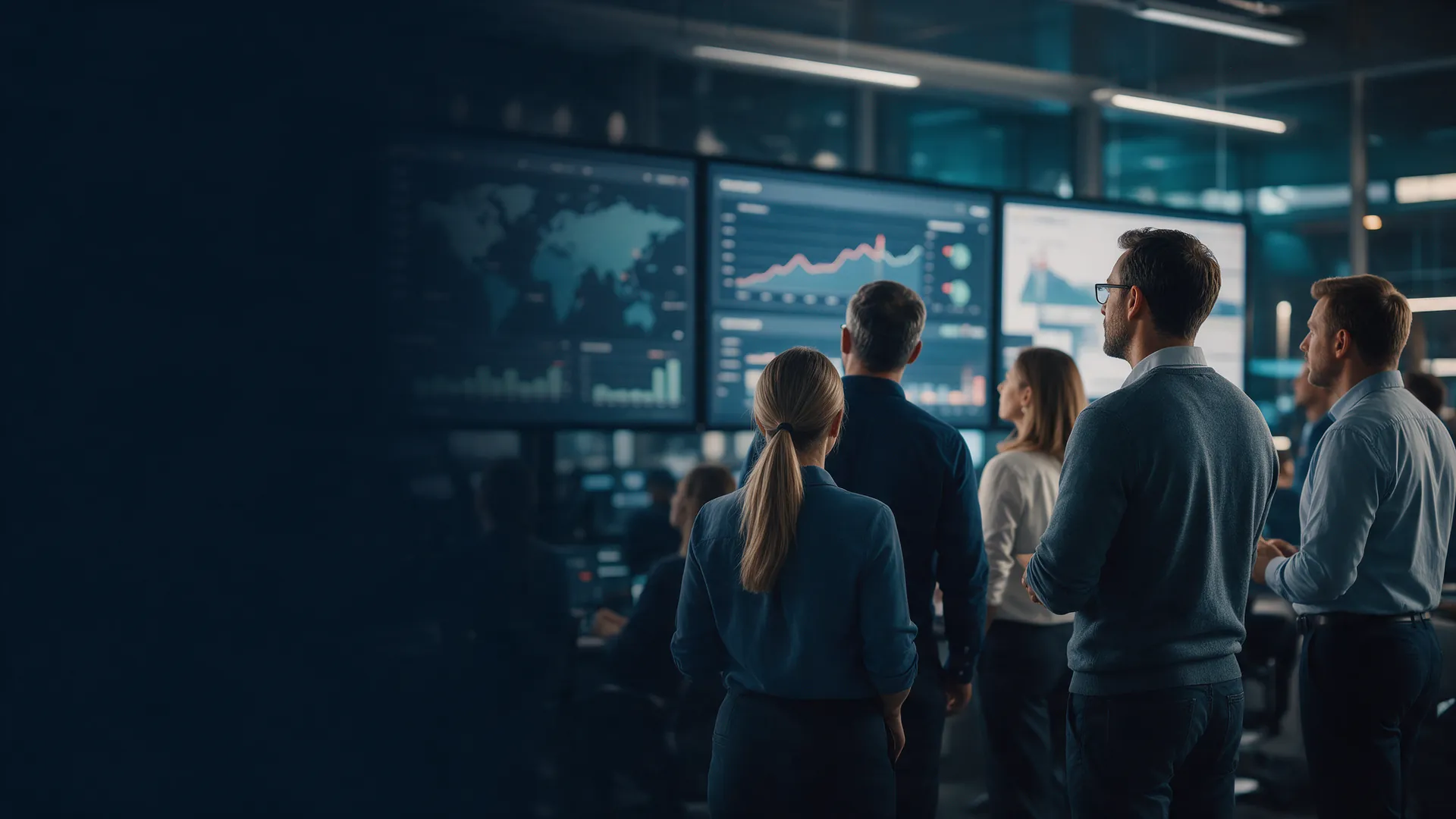 Professionals reviewing business indicators in a control room