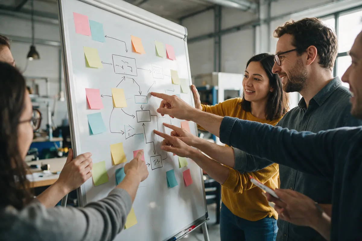 Team mapping a business process on a whiteboard with flow diagrams