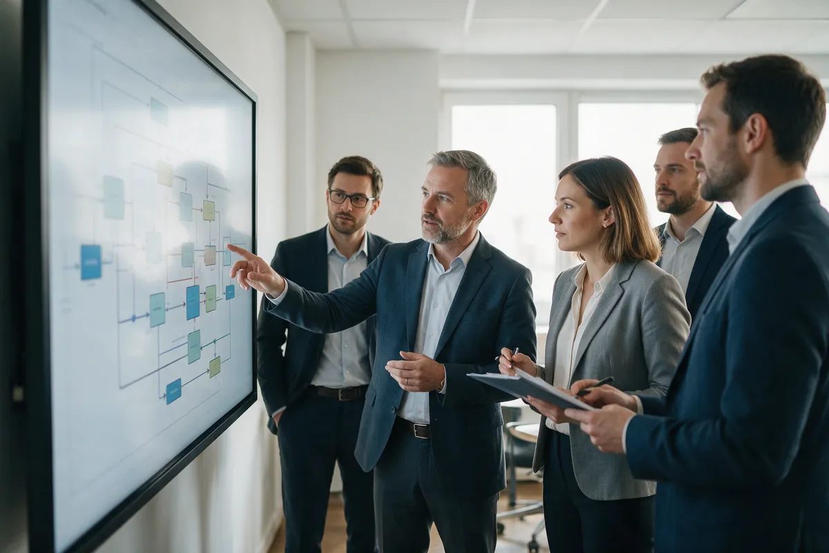Consultants and a manager reviewing a process map in a meeting room